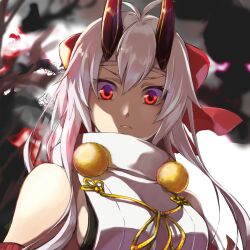 Rule 34 | 1girl, armor, armored dress, bare shoulders, bow, breasts, dress, elbow gloves, fate/grand order, fate (series), gloves, hair between eyes, hair bow, horns, kino kokko, large breasts, long hair, looking at viewer, oni horns, red bow, red eyes, red gloves, red horns, sidelocks, solo, tomoe gozen (fate), white dress, white hair