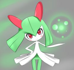 Rule 34 | blush, blush stickers, colored skin, creatures (company), energy ball, game freak, gen 3 pokemon, green hair, green skin, grey background, hair between eyes, hand on own hip, happy, head tilt, hip focus, kirlia, long hair, looking at viewer, magic, nintendo, no humans, outstretched arm, pokemon, pokemon (creature), red eyes, red pupils, simple background, smile, solo, standing, white skin