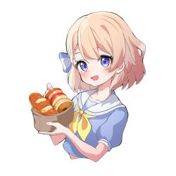 Rule 34 | :d, ame., azur lane, baguette, blue eyes, blue shirt, blush, bow, bread, collarbone, commentary request, cropped torso, doughnut, food, highres, holding, light brown hair, looking at viewer, neckerchief, open mouth, puffy short sleeves, puffy sleeves, sailor collar, school uniform, serafuku, shirt, short sleeves, simple background, smile, striped, striped bow, upper body, white background, white sailor collar, yellow neckerchief, z23 (azur lane)