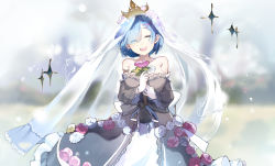 Rule 34 | 1girl, :d, ^ ^, blue hair, blurry, blurry background, breasts, bridal veil, closed eyes, commentary request, depth of field, dress, closed eyes, eyes visible through hair, facing viewer, flower, grey dress, hair flower, hair ornament, hair over one eye, hair ribbon, hairclip, head tilt, holding, holding flower, medium breasts, mitu yang, open mouth, pink flower, pink rose, purple flower, purple ribbon, re:zero kara hajimeru isekai seikatsu, rem (re:zero), ribbon, rose, see-through, smile, solo, sparkle, strapless, strapless dress, teeth, tiara, upper teeth only, veil, wedding dress, white flower, white rose, yellow flower