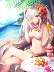 Rule 34 | 1girl, animal ears, bad id, bad pixiv id, bare shoulders, beach, beach chair, bell, bikini, blurry, blurry background, breasts, cat ears, cat tail, collar, commentary request, coyucom, cup, day, destiny child, drinking glass, drinking straw, dutch angle, flower, food, fruit, hair flower, hair ornament, highres, jingle bell, crossed legs, long hair, looking at viewer, medium breasts, nail polish, navel, neck bell, palm tree, pancake, parfait, pink eyes, pink nails, plate, sitting, smile, solo, spoon, starfish, strawberry, swimsuit, sytry (destiny child), table, tail, tree, twintails, very long hair, white bikini