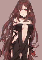 Rule 34 | 1girl, absurdres, arm behind back, arms behind back, bare shoulders, black dress, black gloves, blush, breasts, brown background, brown hair, center opening, choker, cleavage, collarbone, dress, ear piercing, earrings, elbow gloves, fate/grand order, fate (series), gloves, highres, jewelry, long hair, looking at viewer, medium breasts, multiple earrings, navel, oooosake, parted lips, piercing, red eyes, revealing clothes, simple background, smile, solo, standing, strapless, strapless dress, tassel, thighs, very long hair, yu mei-ren (fate)