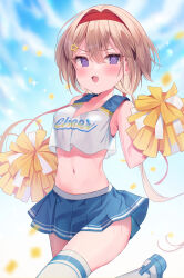 Rule 34 | 1girl, @ @, armpit crease, bare arms, bare shoulders, blonde hair, blue skirt, breasts, cheerleader, crop top, crop top overhang, ebihara beniko, embarrassed, fang, floating hair, hairband, hand up, highres, holding, holding pom poms, leg up, long hair, looking at viewer, low twintails, medium breasts, midriff, miniskirt, navel, original, pleated skirt, pom pom (cheerleading), pom poms, purple eyes, see-through silhouette, shirt, shoes, skirt, sleeveless, sleeveless shirt, solo, stomach, sweat, thighhighs, thighs, twintails, v-shaped eyebrows, white shirt, white thighhighs, zettai ryouiki