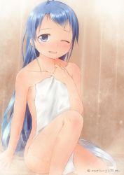 Rule 34 | 1girl, blue eyes, blue hair, collarbone, commentary request, covering privates, covering breasts, holding, holding towel, kantai collection, leg up, long hair, mae (maesanpicture), nude cover, one eye closed, onsen, samidare (kancolle), sauna, sitting, solo, steam, swept bangs, towel, very long hair