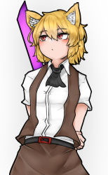 Rule 34 | 1girl, absurdres, animal ear fluff, animal ears, ascot, belt, black ascot, black belt, blonde hair, blush, breasts, brown skirt, brown vest, collared shirt, commentary request, cookie (touhou), cowboy shot, fox ears, fox girl, hair between eyes, highres, looking to the side, miramikaru riran, okusuri, red eyes, shirt, short hair, short sleeves, simple background, skirt, small breasts, solo, vest, white background, white shirt