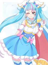Rule 34 | 1girl, ahoge, blue cape, blue hair, blue skirt, blue theme, blush, cape, cure sky, fingerless gloves, gloves, highres, hirogaru sky! precure, long hair, looking at viewer, momotarouooi, one eye closed, pink hair, precure, red cape, shirt, skirt, smile, solo, sora harewataru, twintails, two-sided cape, two-sided fabric, white gloves, white shirt