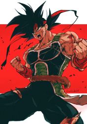 Rule 34 | 1boy, absurdres, armor, bandana, bardock, bleeding, blood, blood on arm, blood on face, bodysuit, broken, broken armor, bruise, cuts, dragon ball, dragonball z, facial scar, highres, injury, male focus, monkey tail, muscular, muscular male, red background, red bandana, relio db318, saiyan armor, scar, scar on cheek, scar on face, scratches, solo focus, tail, torn bodysuit, torn clothes, torn legwear