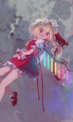 Rule 34 | 1girl, absurdres, ascot, blonde hair, blush, fangs, flandre scarlet, floating, foot out of frame, frilled cuffs, frilled sleeves, frills, from side, glowing, grey background, hat, hat ribbon, highres, impressionism, leg lift, long hair, looking at viewer, looking down, looking to the side, mary janes, mob cap, no lineart, open mouth, orange ascot, petticoat, puffy short sleeves, puffy sleeves, red eyes, red footwear, red ribbon, reddizen, ribbon, shoes, short sleeves, side ponytail, solo, teeth, touhou, upper teeth only, white hat, wings, wrist cuffs