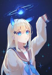 Rule 34 | 1girl, absurdres, animal ears, arm at side, arm up, backlighting, black sailor collar, blonde hair, blue background, blue eyes, blue neckerchief, brooch, cardigan, commentary request, facing viewer, glowing, glowing ears, hair between eyes, hair intakes, hair ornament, highres, jewelry, kurobikari, long hair, long sleeves, looking up, neckerchief, open cardigan, open clothes, original, parted lips, planet, sailor collar, shirt, sidelocks, sleeves past fingers, sleeves past wrists, solo, star (symbol), star brooch, star hair ornament, starry background, straight hair, upper body, white shirt, yellow cardigan