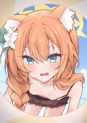 Rule 34 | 1girl, absurdres, airenif, animal ear fluff, animal ears, bent over, blue archive, blue eyes, blush, braid, breasts, downblouse, flower, hair flower, hair ornament, halo, highres, long hair, looking at viewer, mari (blue archive), mari (swimsuit) (blue archive), official alternate costume, open mouth, orange hair, single braid, small breasts, solo, white flower, yellow halo