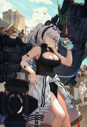 Rule 34 | 1girl, absurdres, animal ears, arknights, bird, bottle, breasts, building, china dress, chinese clothes, cleavage cutout, clothes around waist, clothing cutout, dress, eyewear on head, feater (arknights), grey hair, highres, j.xh, jacket, jacket around waist, large breasts, mechanical arms, multicolored hair, single mechanical arm, smile, solo, streaked hair, sunglasses, twintails, umbrella, water bottle