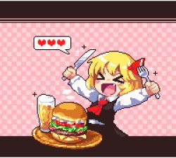 Rule 34 | &gt; &lt;, :d, > <, alcohol, ascot, beer, black skirt, black vest, blonde hair, blush stickers, burger, checkered background, commentary, cup, drinking glass, fang, food, fork, hair ribbon, heart, knife, kumamoto (bbtonhk2), letterboxed, long sleeves, lowres, open mouth, outstretched arms, pixel art, plate, red ascot, red ribbon, ribbon, rumia, shirt, short hair, skirt, skirt set, smile, solo, spoken heart, touhou, vest, white shirt, xd