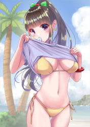 Rule 34 | 1girl, absurdres, akihiro0920, beach, bikini, blue eyes, blue sky, breasts, brown hair, clothes lift, cloud, commentary request, day, food, highres, large breasts, long hair, looking at viewer, mouth hold, original, outdoors, palm tree, popsicle, purple shirt, shirt, shirt lift, side-tie bikini bottom, sky, solo, standing, swimsuit, tree, yellow bikini