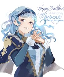 Rule 34 | 1girl, blue hair, blunt bangs, brown eyes, cape, dated, english text, fire emblem, fire emblem: three houses, happy birthday, highres, looking at viewer, marianne von edmund, misokatsuhaumai, nintendo, portrait, puffy sleeves, simple background, smile, solo, thank you, twitter username, upper body, white background