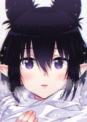 Rule 34 | 1girl, animal ears, bad id, bad pixiv id, black hair, close-up, commentary request, fingernails, hair between eyes, looking at viewer, mano (narumi arata), narumi arata, original, parted lips, pointy ears, portrait, purple eyes, scarf, short hair, solo, white scarf