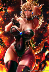 Rule 34 | 1girl, absurdres, artist name, artofkuzu, bare shoulders, black footwear, black gloves, black leotard, blonde hair, blue gemstone, blurry, blurry background, blush, boots, bowsette, bracelet, breasts, brooch, chain, collar, collarbone, earrings, embers, explosion, fang, fang out, fire, gem, gloves, gluteal fold, green eyes, hair between eyes, hand in own hair, hand on own chest, highres, horns, jewelry, large breasts, leotard, light particles, lipstick, looking at viewer, makeup, mario (series), lava, neck, new super mario bros. u deluxe, nintendo, red lips, shiny clothes, shiny skin, slit pupils, solo, spiked bracelet, spiked collar, spiked shell, spiked tail, spikes, strapless, strapless leotard, super crown, tail, thick thighs, thigh boots, thigh gap, thighhighs, thighs, wide hips