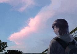 Rule 34 | 1girl, backpack, bad id, bad pixiv id, bag, black bag, blue skirt, chain-link fence, cloud, cloudy sky, commentary request, evening, fence, grey eyes, grey jacket, highres, hood, hood down, hooded jacket, jacket, long sleeves, looking back, original, outdoors, profile, purple hair, short hair, skirt, sky, solo, sunlight, tree, turquoise iro, upper body
