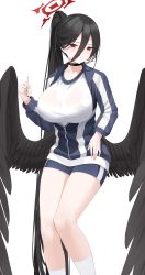 Rule 34 | 1girl, :/, absurdly long hair, absurdres, black choker, black hair, black wings, blue archive, breasts, choker, closed mouth, feet out of frame, gym shorts, gym uniform, halo, hasumi (blue archive), hasumi (track) (blue archive), high ponytail, highres, holding, holding pen, jacket, kuyoumi, large breasts, large wings, long hair, looking at viewer, mole, mole under eye, official alternate costume, pen, red eyes, shirt, shorts, simple background, socks, solo, thighs, track jacket, v-shaped eyebrows, very long hair, white background, white shirt, white socks, wings