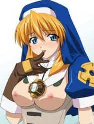 Rule 34 | 1girl, blonde hair, blue eyes, blush, breasts, chrno crusade, costume, female focus, gradient background, lowres, nipples, nun, rosette christopher, solo, white background