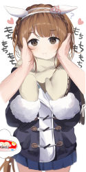 Rule 34 | animal ears, blush, brown eyes, brown hair, commentary request, hands on another&#039;s cheeks, hands on another&#039;s face, headband, highres, horse ears, looking at viewer, medium hair, mittens, miyasaka miyabi, pov, pov hands, simple background, translation request, umamusume, white background, winter clothes, yukino bijin (umamusume)