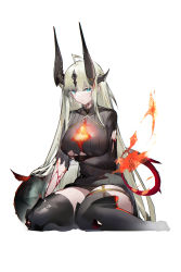 Rule 34 | 1girl, absurdres, ahoge, arknights, arm under breasts, black dress, black sweater, black thighhighs, blonde hair, blood, blue eyes, breasts, chinese commentary, closed mouth, commentary request, dragon girl, dragon horns, dragon tail, dress, fire, flame-tipped tail, full body, highres, horns, large breasts, long hair, long sleeves, looking at viewer, reed (arknights), simple background, sitting, solo, sweater, sweater dress, tail, thighhighs, torn clothes, torn dress, torn sweater, underboob, very long hair, wariza, white background, yushe quetzalli
