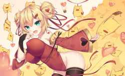 Rule 34 | 1girl, :d, akai haato, balloon, black thighhighs, blonde hair, breasts, bridal gauntlets, covered erect nipples, detached sleeves, double bun, fang, green eyes, haaton (akai haato), hair bun, hair ornament, hairclip, heart, heart balloon, heart hair ornament, heart tattoo, highleg, highres, hololive, large breasts, leotard, neps-l, open mouth, smile, tattoo, thighhighs, virtual youtuber