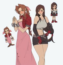 Rule 34 | 2girls, aerith gainsborough, belt, black skirt, braid, braided ponytail, breasts, brown hair, commentary, comparison, crop top, cropped jacket, dress, earrings, elbow gloves, elbow pads, english commentary, final fantasy, final fantasy vii, final fantasy vii remake, fingerless gloves, gloves, green eyes, hair ribbon, hand on own hip, highres, hoop earrings, jacket, jewelry, large breasts, long hair, looking at viewer, low-tied long hair, medium breasts, midriff, multiple girls, navel, parted bangs, pink dress, pink ribbon, red eyes, red jacket, ribbon, sera (serappi), side-by-side, simple background, skirt, square enix, steepled fingers, suspender skirt, suspenders, swept bangs, tank top, tifa lockhart, tri drills, white background, white tank top