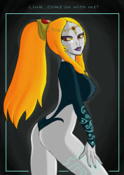 Rule 34 | breasts, circlet, colored skin, covered erect nipples, english text, engrish text, eyeshadow, grey skin, large breasts, leotard, lipstick, long hair, makeup, midna, midna (true), nintendo, orange hair, ponytail, princess zelda, ranguage, red eyes, smile, solo, spoilers, tattoo, the legend of zelda, the legend of zelda: twilight princess