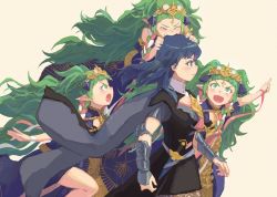 Rule 34 | armor, biting, blue eyes, brown pantyhose, byleth (female) (fire emblem), byleth (fire emblem), dagger, elbow pads, fire emblem, fire emblem: three houses, gauntlets, green eyes, green hair, green little, hair ribbon, knife, long hair, medium hair, multiple persona, nintendo, open mouth, pantyhose, pantyhose under shorts, pointing, pointy ears, ribbon, shorts, sothis (fire emblem), tiara, very long hair, walking, weapon