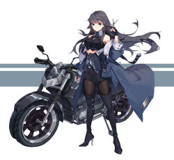 Rule 34 | 1girl, bare shoulders, black footwear, black gloves, black hair, blue eyes, boots, fingerless gloves, gloves, high heel boots, high heels, kan (rainconan), key, knee boots, long hair, motor vehicle, motorcycle, original, pantyhose, personification, skirt, smile, solo, tight clothes