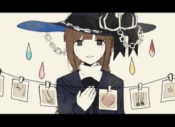 Rule 34 | 1girl, aaniko, black bow, black eyes, black ribbon, blue dress, blue hat, blue sailor collar, bow, bright pupils, brown hair, chain, crying, crying with eyes open, dress, funamusea, hand on own chest, hat, hat bow, heart, letterboxed, long sleeves, looking at viewer, neck ribbon, oounabara to wadanohara, photo (object), ribbon, sailor collar, sailor dress, simple background, solo, star (symbol), string, tears, wadanohara, water drop, white background, witch hat