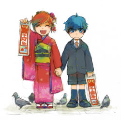 Rule 34 | 1boy, 1girl, aged down, bird, blue eyes, blue hair, blush stickers, brown hair, buttons, closed eyes, flower, hair ornament, hetero, holding hands, japanese clothes, kaito (vocaloid), kariya akane (madder), kimono, kneehighs, loafers, madder, meiko (vocaloid), necktie, open mouth, pigeon, poster (medium), poster (object), shoes, shorts, simple background, socks, tears, vocaloid