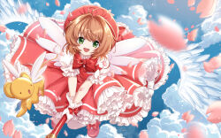 Rule 34 | 1girl, antenna hair, blue sky, bow, brown hair, cardcaptor sakura, cherry blossoms, dress, falling petals, flying, footwear bow, frilled dress, frills, glove bow, gloves, highres, kero (cardcaptor sakura), kinomoto sakura, magical girl, open mouth, petals, pink dress, pink headwear, puffy short sleeves, puffy sleeves, red bow, red footwear, shoes, short sleeves, sky, sleeve bow, so tsubasa, teeth, upper teeth only, white gloves, white wings, wings