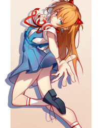 Rule 34 | 1girl, absurdres, adjusting hair, artist request, ass, bare legs, blue eyes, blue skirt, breasts, brown hair, closed mouth, collarbone, collared shirt, dress shirt, highres, interface headset, lips, long hair, looking at viewer, looking back, neon genesis evangelion, school uniform, shirt, short sleeves, simple background, skirt, small breasts, solo, souryuu asuka langley, standing, suspender skirt, suspenders, tokyo-3 middle school uniform, two side up, upskirt, white shirt