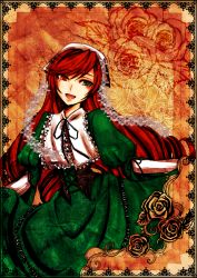 Rule 34 | 1girl, arika, brown hair, corset, dress, floral background, floral print, framed image, frills, gothic lolita, green dress, green eyes, headpiece, heterochromia, holding clothes, holding dress, lolita fashion, long hair, open mouth, puffy sleeves, red eyes, rozen maiden, smile, solo, suiseiseki