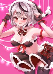 Rule 34 | 1girl, absurdres, arm strap, armpits, arms up, bare shoulders, black bra, black choker, black gloves, black hair, black headwear, black skirt, black thighhighs, blush, bow, bowtie, bra, breasts, choker, christmas, cleavage, cowboy shot, ear piercing, fingerless gloves, fur-trimmed bra, fur-trimmed skirt, fur trim, gloves, grey hair, hair ornament, hairclip, heart pendant, highres, hololive, large breasts, looking at viewer, medium hair, multicolored hair, navel, null maru, open mouth, piercing, pink background, plaid, plaid bow, plaid bowtie, red eyes, red nails, sakamata chloe, skirt, solo, stomach, streaked hair, sweatdrop, thighhighs, underwear, virtual youtuber, x hair ornament