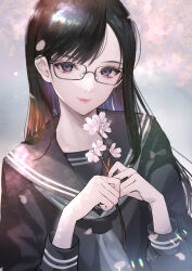 Rule 34 | 1girl, absurdres, black-framed eyewear, black eyes, black hair, black sailor collar, black serafuku, branch, cherry blossoms, closed mouth, commentary request, flower, glasses, hands up, highres, hitowa, holding, holding branch, lips, looking at viewer, original, purple eyes, sailor collar, school uniform, serafuku, smile, solo, upper body
