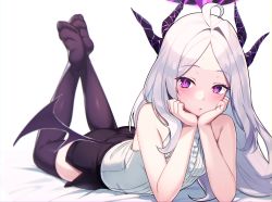 Rule 34 | 1girl, absurdres, ahoge, ass, blue archive, blush, breasts, closed mouth, demon horns, feet up, hair ornament, hairclip, halo, hand on own cheek, hand on own face, head rest, highres, hina (blue archive), horns, long hair, looking at viewer, lying, multiple horns, no shoes, on stomach, parted bangs, purple eyes, simple background, small breasts, soles, solo, swimsuit, the pose, thighhighs, umihal, very long hair, white hair, wings