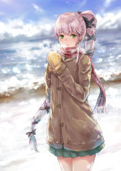 Rule 34 | alternate costume, aqua skirt, bad id, bad pixiv id, beach, brown coat, coat, duffel coat, gohei (aoi yuugure), green eyes, highres, kantai collection, long hair, looking at viewer, mittens, pink hair, pleated skirt, ponytail, red scarf, scarf, skirt, solo, very long hair, yellow mittens, yura (kancolle)