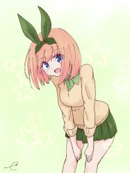 Rule 34 | 1girl, :d, bad id, bad pixiv id, blush, brown hair, brown sweater, collared shirt, commentary request, go-toubun no hanayome, green background, green hairband, green ribbon, green shirt, green skirt, hair between eyes, hair ribbon, hairband, kujou karasuma, leaning forward, long sleeves, looking at viewer, nakano yotsuba, open mouth, pleated skirt, purple eyes, ribbon, shirt, signature, skirt, smile, solo, star (symbol), starry background, striped clothes, striped shirt, sweater, vertical-striped clothes, vertical-striped shirt