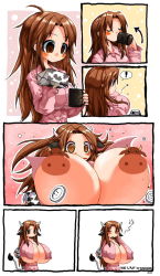 Rule 34 | !, 1girl, animal ears, arrow (symbol), artist name, blush, blush stickers, borrowed character, breast expansion, breasts, brown eyes, brown hair, bursting breasts, censored, cleavage, comic, cow ears, cow girl, cow horns, cow tail, dated, ego trigger, emperpep, covered erect nipples, female focus, gigantic breasts, glass, happy, horns, long hair, mattie (ego trigger), mattie (ego trigger), milk, censored nipples, novelty censor, open mouth, original, pajamas, popped button, silent comic, solo, tail, underboob, upper body, white background