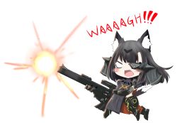 Rule 34 | 1girl, animal ear fluff, animal ears, bailingxiao jiu, black gloves, black hair, black pants, blush, cat ears, cat girl, cat tail, character request, elbow gloves, eyepatch, facial mark, firing, girls&#039; frontline, gloves, gun, headgear, highres, holding, holding gun, holding weapon, long hair, nyto (girls&#039; frontline), adeline (girls&#039; frontline), pants, simple background, solo, tail, v-shaped eyebrows, weapon, weapon request, whisker markings, white background