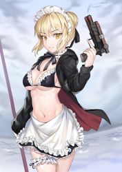 Rule 34 | 1girl, apron, artoria pendragon (alter swimsuit rider) (fate), artoria pendragon (alter swimsuit rider) (second ascension) (fate), artoria pendragon (fate), bad id, bad pixiv id, black bra, black jacket, black ribbon, black skirt, blonde hair, bra, breasts, bridal garter, cleavage, closed mouth, day, fate/grand order, fate (series), frilled apron, frilled bra, frilled skirt, frills, groin, gun, hair bun, hair ribbon, highres, holding, holding gun, holding polearm, holding weapon, hood, hooded jacket, jacket, long sleeves, looking at viewer, maid headdress, medium breasts, miniskirt, open clothes, open jacket, outdoors, polearm, posom, ribbon, short hair, sideboob, single hair bun, skirt, solo, standing, steam, thigh strap, underboob, underwear, waist apron, weapon, white apron, yellow eyes