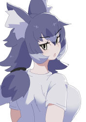 Rule 34 | 1girl, blue hair, dire wolf (kemono friends), extra ears, highres, kemono friends, kemono friends v project, long hair, looking at viewer, nishuu miri, ribbon, simple background, solo, twintails, virtual youtuber