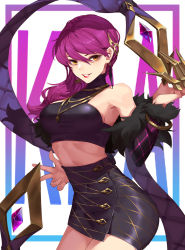 Rule 34 | 1girl, bare shoulders, black skirt, breasts, claws, cowboy shot, evelynn (league of legends), fur trim, hair ornament, high-waist skirt, hip focus, jewelry, k/da (league of legends), k/da evelynn, kan (rainconan), league of legends, lipstick, long hair, looking at viewer, makeup, medium breasts, necklace, off shoulder, parted lips, purple hair, red lips, side ponytail, skirt, smile, solo, yellow eyes
