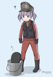 Rule 34 | 1girl, 1other, ?, abyssal ship, black footwear, black gloves, black vest, blue background, boots, brown eyes, bucket, commentary request, dated, full body, gloves, grey hair, hat, i-class destroyer, jacket, kantai collection, masara (chuujou), one-hour drawing challenge, ooshio (kancolle), open mouth, pants, red jacket, red pants, rubber boots, short hair, short twintails, simple background, standing, track jacket, track pants, track suit, twintails, twitter username, vest