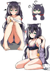 Rule 34 | 1girl, :t, absurdres, animal ear fluff, animal ears, ass, bare legs, bare shoulders, barefoot, bikini, bikini bottom only, black bikini, black hair, blush, blush stickers, breasts, cat ears, cat girl, cat tail, chibi, closed mouth, collarbone, eyewear on head, frilled jacket, frills, glasses, green eyes, grey-framed eyewear, hair between eyes, hand up, heart, highres, jacket, karyl (princess connect!), karyl (summer) (princess connect!), long hair, moyoron, multicolored hair, multiple views, navel, off shoulder, open clothes, open jacket, pigeon-toed, pout, princess connect!, purple jacket, short shorts, shorts, shorts around one leg, simple background, sitting, small breasts, smile, squiggle, streaked hair, sunglasses, sweat, swimsuit, tail, very long hair, wariza, wavy mouth, white background, white hair, white shorts