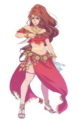 Rule 34 | 1girl, bracelet, breasts, brown hair, dancer, denimcatfish, dress, green eyes, jewelry, long hair, looking at viewer, mole, mole under mouth, navel, necklace, octopath traveler, octopath traveler i, ponytail, primrose azelhart, sandals, simple background, solo