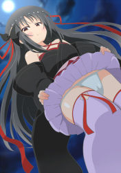 Rule 34 | 1girl, alcohol, bare shoulders, black hair, breasts, cleavage, detached sleeves, japanese clothes, kamelie, kimono, long hair, looking at viewer, looking down, machine-doll wa kizutsukanai, mouth hold, obi, panties, red eyes, sake, sash, short kimono, small breasts, solo, thighhighs, underwear, very long hair, white panties, white thighhighs, yaya (machine-doll)