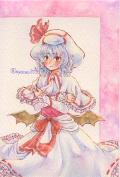 Rule 34 | 1girl, adapted costume, ascot, bat wings, blue hair, blush, capelet, closed mouth, crossed arms, frilled capelet, frilled skirt, frilled sleeves, frills, hair between eyes, highres, long sleeves, medium hair, red eyes, remilia scarlet, shin1ar24, skirt, solo, touhou, traditional media, watercolor pencil (medium), white capelet, white headwear, white skirt, wings, yellow ascot